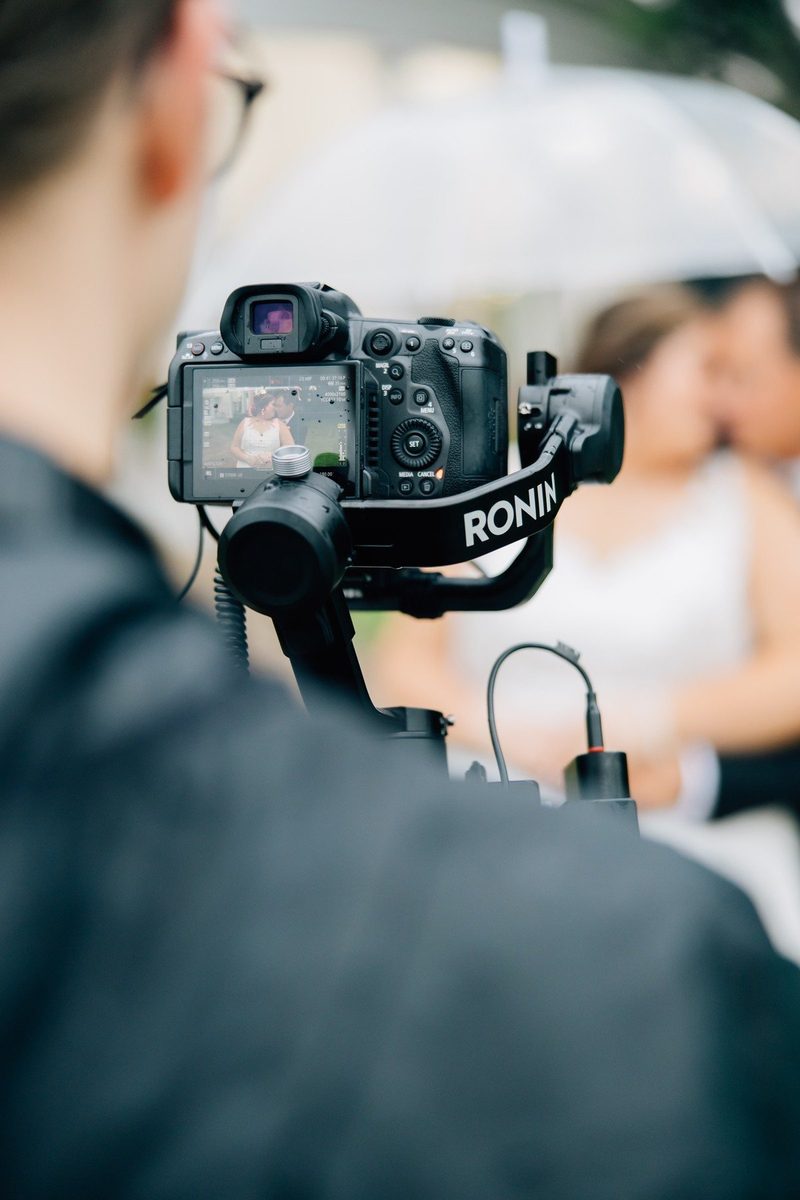 Behind the scenes: a gimbal camera framing the couple's kiss